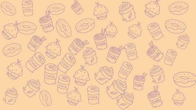 Food doodle pattern with donuts cola noodles and outlined desserts creates a playful foodthemed design.
