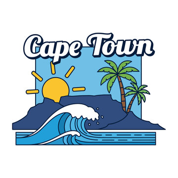 Vibrant graphic illustration of Cape Town featuring Table Mountain, palm trees, sun, and ocean waves, capturing a scenic travel destination.