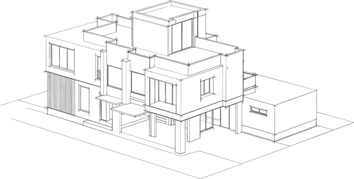 Technical 3D wireframe illustration of a complex multistory modern residential house with tiered cubic volumes and structural supports