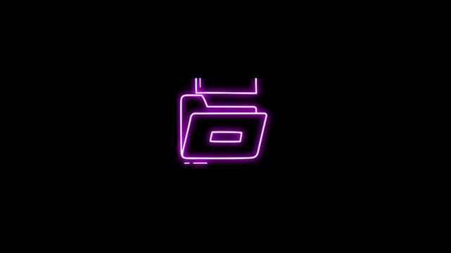 Glowing neon line document folder with minus icon illustrating file removal, deleting documents, clearing information, and data management actions. High-quality 4K motion graphic on dark background.