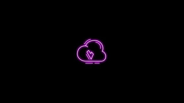 Glowing neon cloud icon with check mark symbol animation on dark background, representing cloud storage confirmation, data verification, digital approval, and secure storage concept. Abstract neon mot