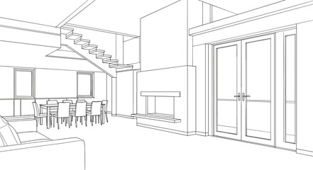 Fototapeta premium Detailed interior architectural sketch of a modern minimalist living room featuring a fireplace, staircase, and dining area vector