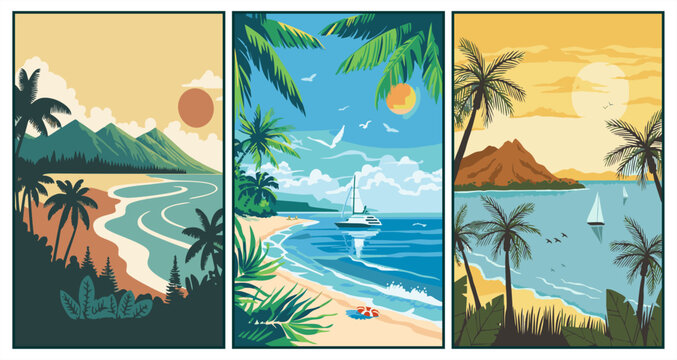Retro tropical beach landscape triptych with palm trees, sailboats, and mountains in vintage travel style.