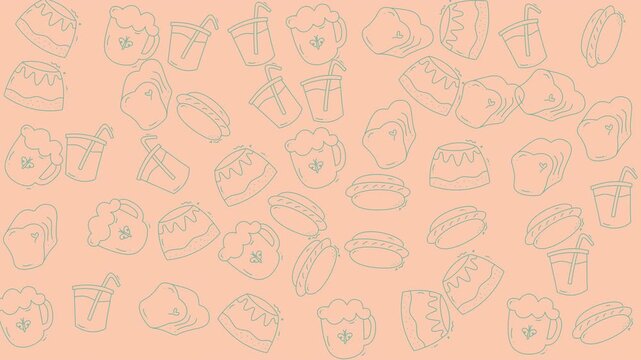 Food doodle doodle pattern bursting with beer bread hotdogs pudding and juice delights.