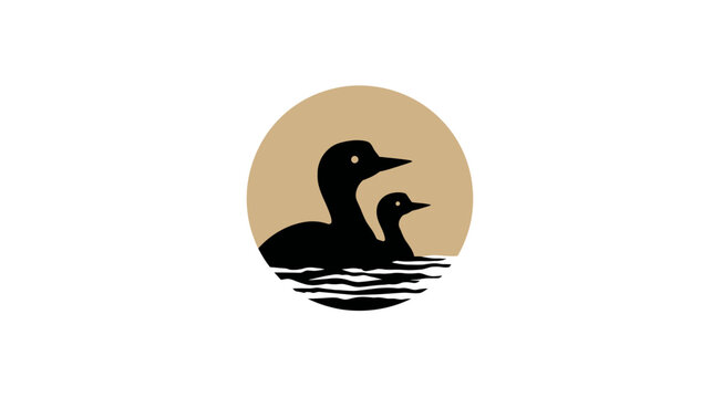 Minimalist vector illustration of two black waterfowl (parent and chick) swimming on water with a beige sun circle, nature art.