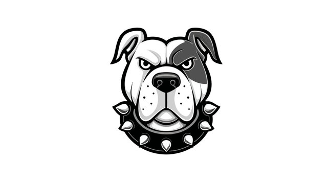 Fierce bulldog head vector illustration in black and white, wearing a spiked collar, depicting strength, courage, and determination, animal mascot.
