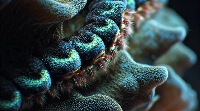 Macro View of Bearded Fireworm Moving Across Vibrant Coral Texture