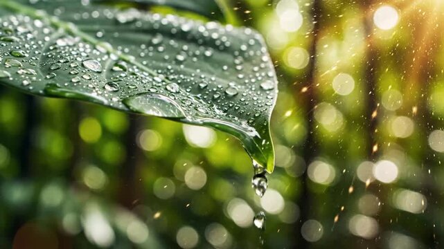 Close up of a vibrant green leaf with water droplets in natural sunlight