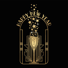 Elegant golden art deco Happy New Year design with champagne glass and sparkling stars on a black background, perfect for celebrations. © Alfiyah