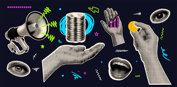 Pop art halftone collage close up hands holding coin and coin stack with megaphone and eye on dark background neon accents