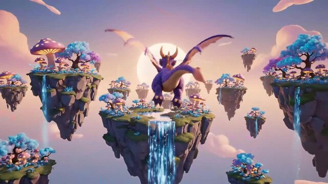Fantasy dragon in a colorful forest with mushrooms and plants