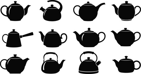 Teapot and kettle silhouettes collection displaying assorted classic kitchenware shapes isolated on white background for tea culture, beverage preparation, hospitality, and design concepts