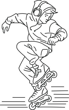  A stylized line art of a rollerblader mid spin above a cityscape, wearing a hoodie and headphones