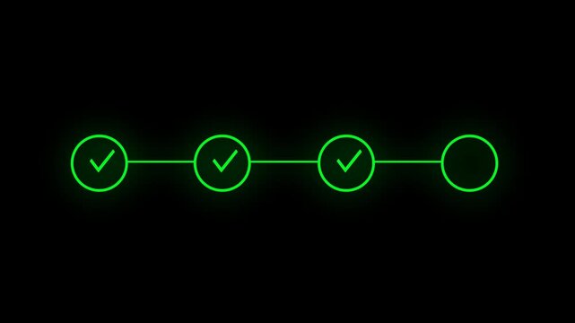 Green Glowing Check Mark Symbol Arrow Icon Animation, Animated 3 Step Checklist Infographic Process Showing Completed Tasks, Success Approval Motion Graphic Isolated on Transparent Alpha Channel BG
