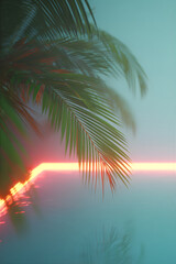 Palm frond with vibrant orange and pink glowing light. Tropical aesthetic for event background or summer vacation concept. Palm Sunday symbol.