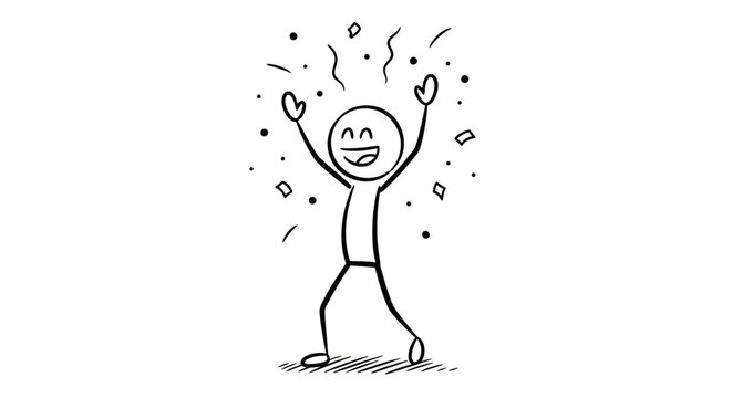 Happy Stick Figure Man Cheering with Confetti Throwing Hands Up on Isolated White Background