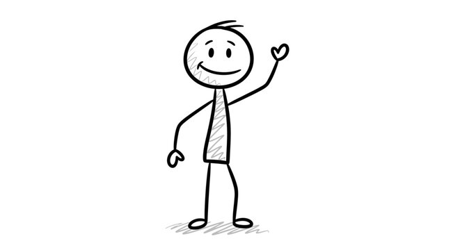 Simple Stick Figure Man Waving Hand with Friendly Smile in Isolated White Background