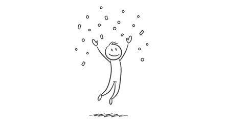 Happy Stick Figure Smiling and Jumping with Confetti Falling in Isolated White Background