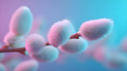 Willow branch with fuzzy catkins illuminated by pink and blue neon lights. Spring nature concept for Easter holiday design.
