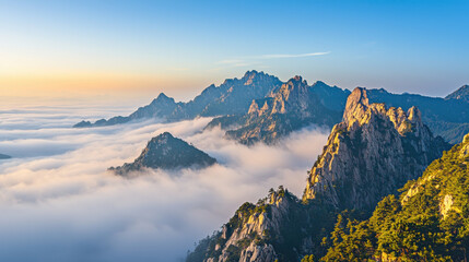 Mountain peak cloud fog sunrise landscape, calm granite ridge over endless cloud sea