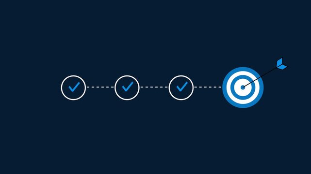 Animated Checklist Progress Steps with Blue Check Marks Showing Completed Tasks and Target Arrow Hit, Business Goal Achievement Strategy Planning Workflow Success Concept, 4K Motion Graphic Background