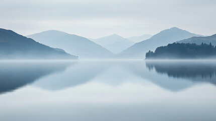 Fog lake dawn mountain reflection mist over calm water, soft blue landscape