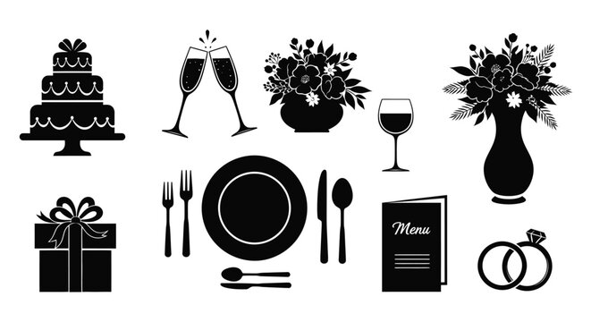 Wedding reception table setting with cake flowers and gifts in black silhouette on white background for celebration and party decoration ideas