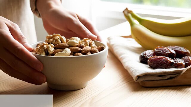 Hands Gently Placing A Bowl Filled With Assorted Nuts Including Walnuts Almonds And Cashews Onto A Wooden Table Next To A Bunch Of Ripe Bananas And A Pile Of Medjool Dates With Soft Natural Light