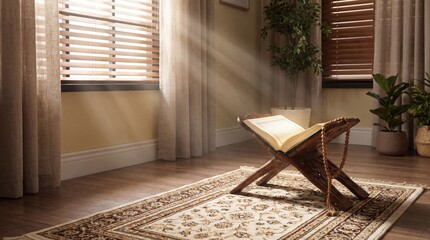 Sacred Islamic book on a prayer rug bathed in sunlight, evoking peace and devotion during prayer time