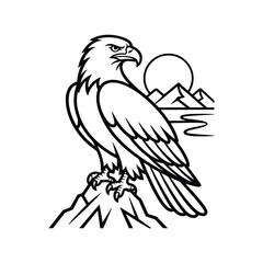 Obraz premium Majestic bald eagle perched on a rocky peak with mountains and a sun in the background illustration