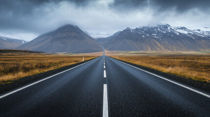 Road mountain landscape Iceland, empty highway leading to snowy peak under stormy sky