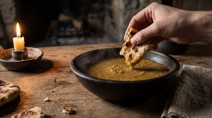 Warmth and Comfort A Rustic Meal of Lentil Soup and Bread, Illuminated by Candlelight