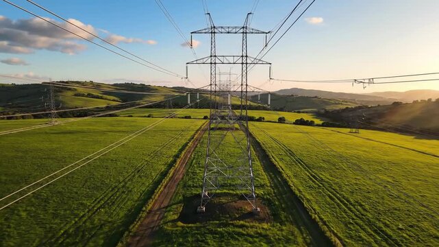 Aerial drone footage of power lines stretching across a green landscape at sunset.