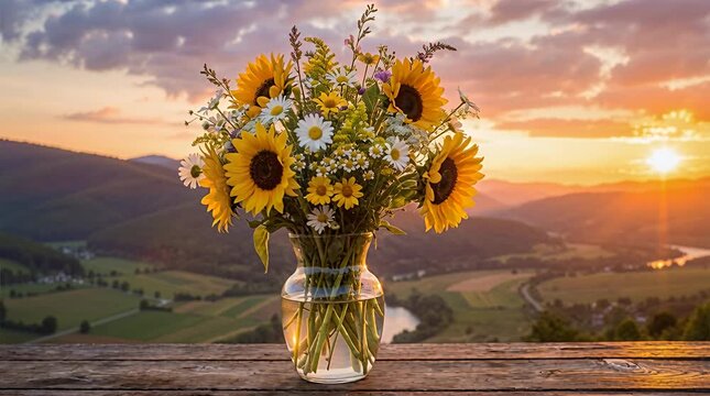 A vase of sunflowers and daisies sits on a rustic table overlooking a valley at sunset, flower arrangement.