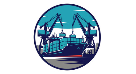 Cargo ship being loaded by cranes at a busy port.