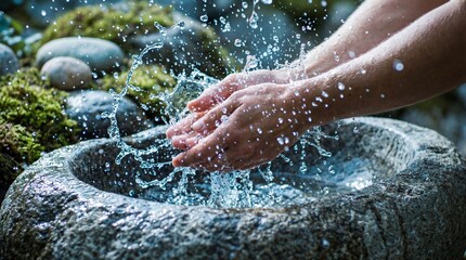 Close-up of a person washing hands in a stone basin with water splashing