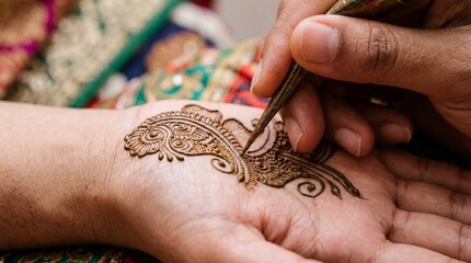 Close-up of intricate henna design being applied to a woman's hand by an artist