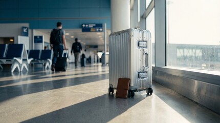 Man with suitcase in airport terminal walking away from camera towards departure gates near large windows with natural light