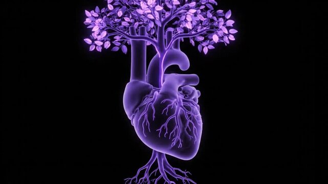 A glowing purple human heart with a tree growing from its top and roots from its bottom, against a black background.