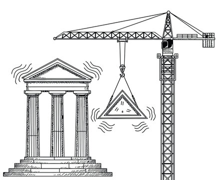 Classical Greek temple shaking is supported by a crane lifting a triangular roof piece. The scene conveys instability and reconstruction.