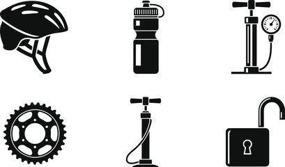 Bicycle accessories silhouettes set, helmet water bottle pump tire and lock icons, cycling equipment vector illustration isolated © Rabbi Creative