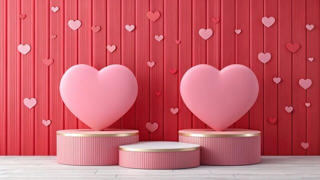 3d rander of the podium is used for merchandise display decorated with hearts on Valentine's day, Romantic heart display with red background