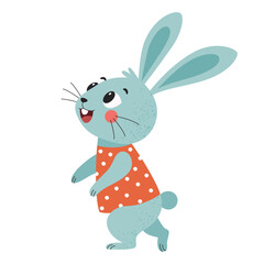 Obraz premium Cute Blue Bunny Dancing. Cartoon Rabbit Character in Dress. Kids Illustration. Easter and Spring Nursery Design. Isolated on white background.