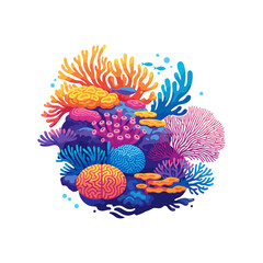 A vibrant and colorful illustration of a diverse coral reef ecosystem with various types of corals and small fish. © Alfiyah