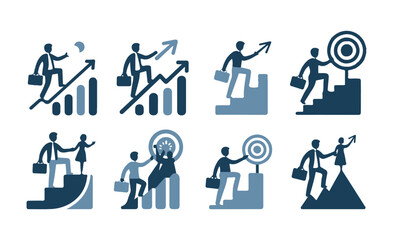 Business success career progress icons set with professional climbing stairs toward growth targets