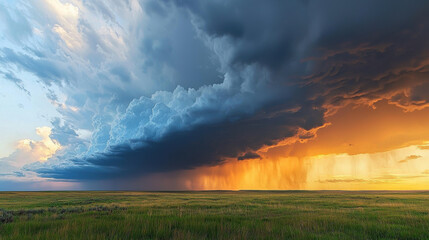 Storm cloud prairie sunset rain, dramatic thunderstorm over green grassland horizon