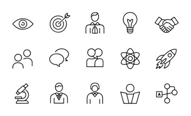 Business solutions and creative strategy outline icons for teamwork and innovative concepts