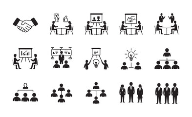 Business meeting and collaboration icons, handshake, presentation, teamwork, people group and workflow
