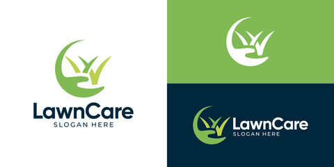 Creative simple lawn care logo template. Hand with grass lawn logo design vector illustration.