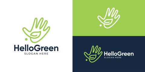 Creative simple hello green logo template. High five with leaf symbol, go green logo design vector illustration. © Hi_std